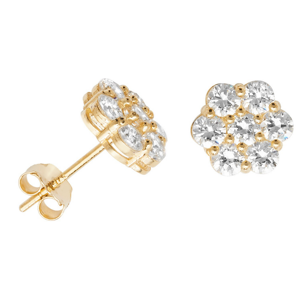 7 Stone Floral Stud Earrings 9ct Yellow Gold 375 Hallmarked Brand New Boxed