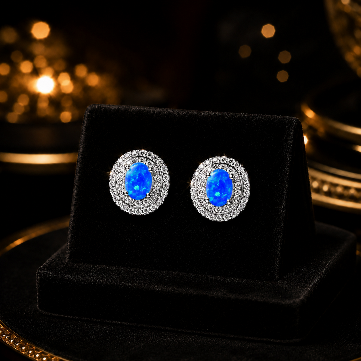 Natural Blue Opal Halo Stud Earrings Sterling Silver 925 Hallmarked Brand New