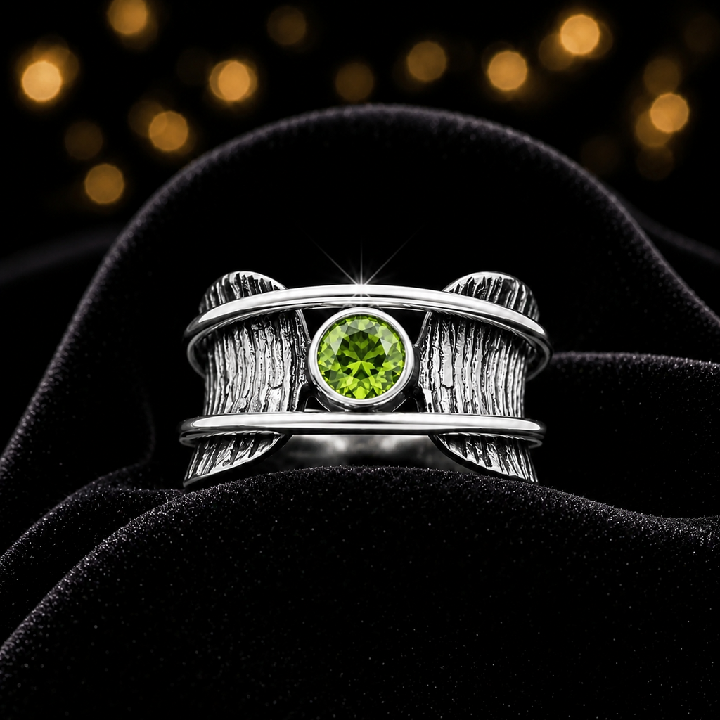 Peridot Tree Bark Spinner Ring Sterling Silver 925 Hallmarked Size K - T
