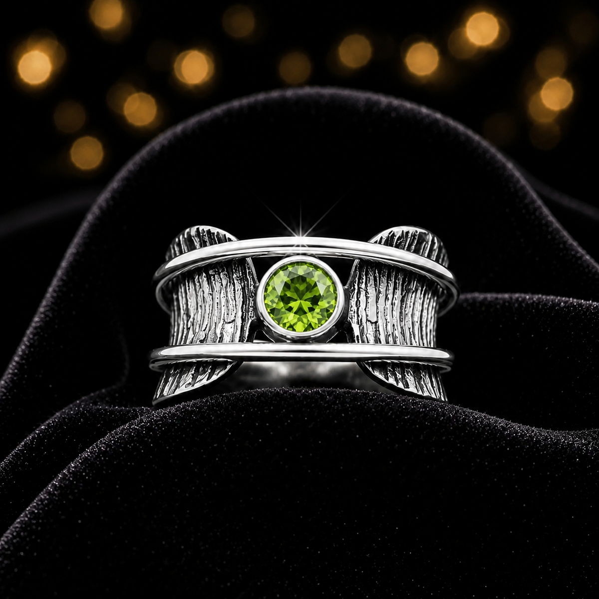 Peridot Tree Bark Spinner Ring Sterling Silver 925 Hallmarked Size K - T