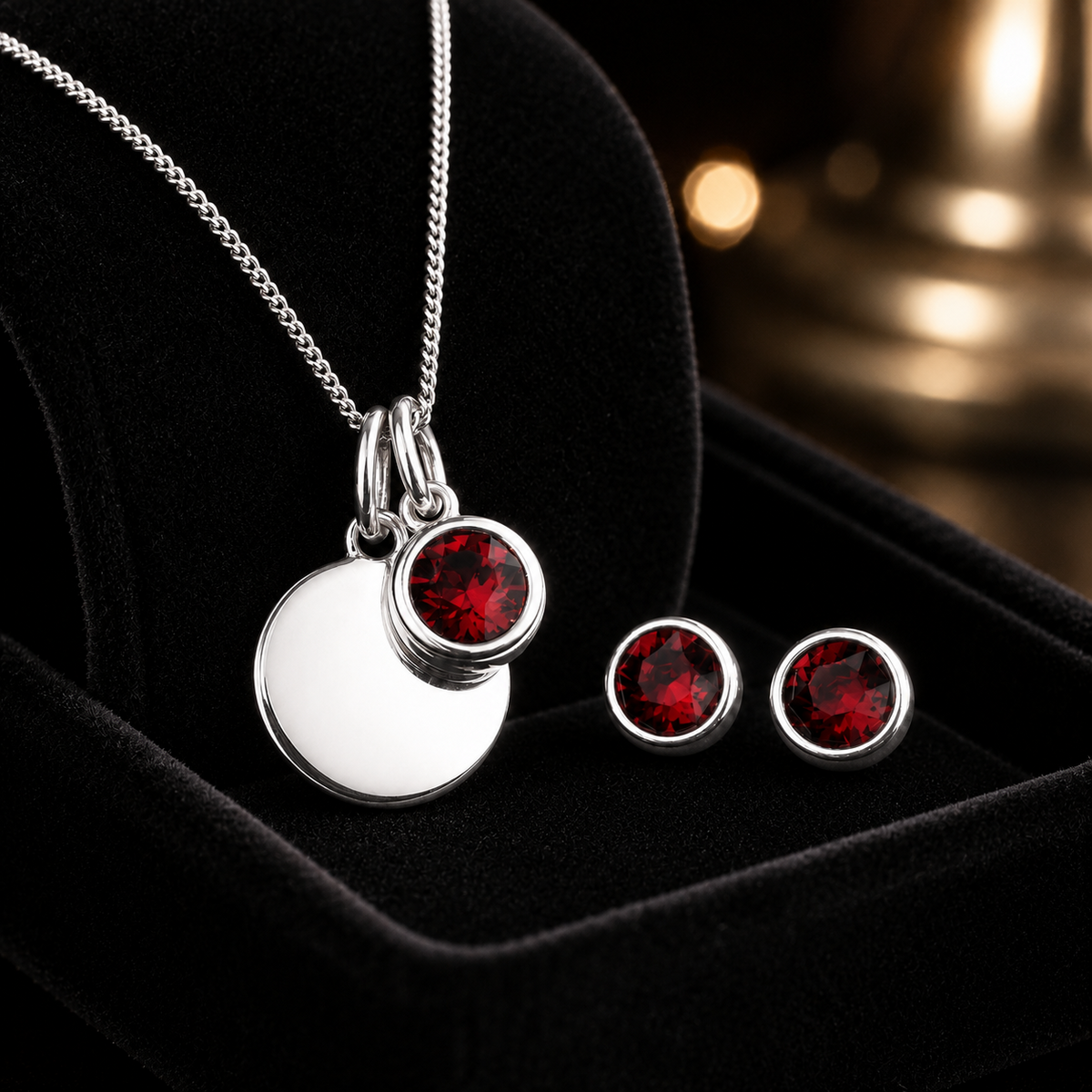 Engravable Solitaire Garnet Pendant and Earrings Set Solid Sterling Silver