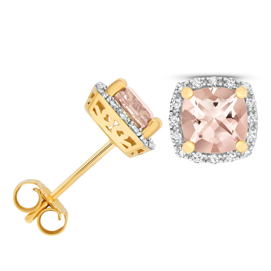 Natural Halo Cushion Morganite Diamond Earrings 9ct Multi Tone Gold 375 Hallmark