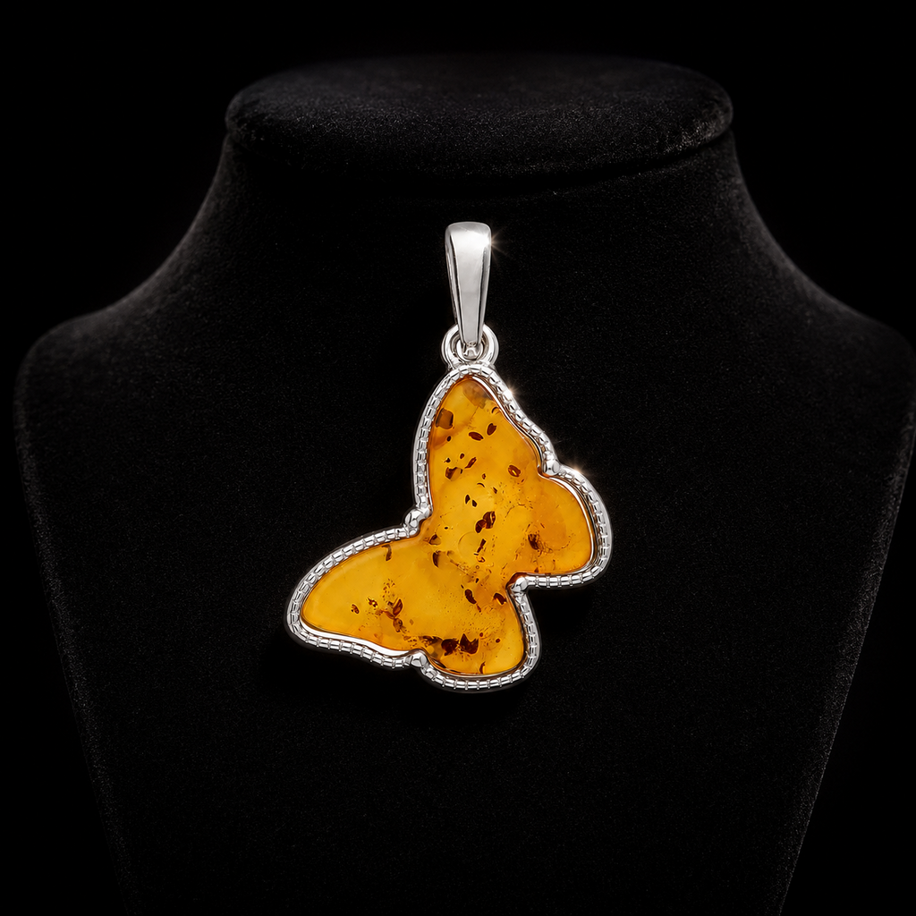 Butterfly Cognac Amber Pendant Sterling Silver 925 Hallmarked All Chain Lengths