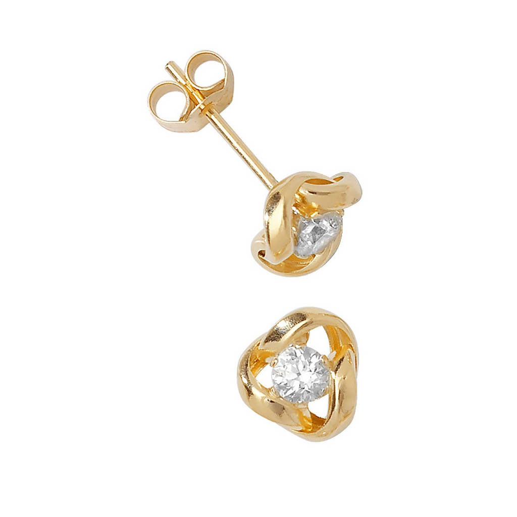 Soltaire Knot Stud Earrings 9ct Yellow Gold 375 Hallmarked Brand New Boxed