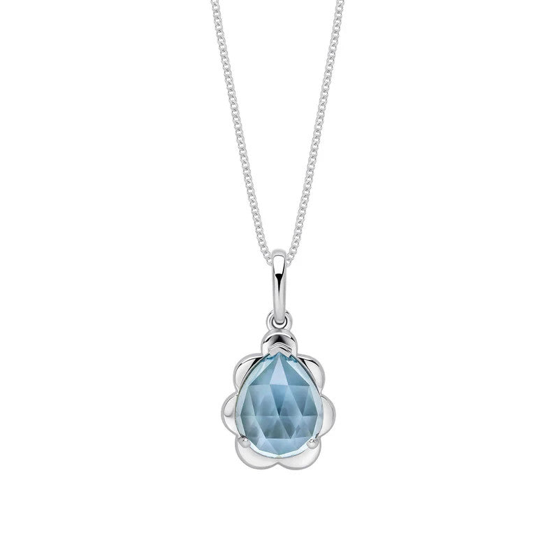 Floral Teardrop Blue Topaz Pendant 9ct White Gold 375 Hallmarked British Made