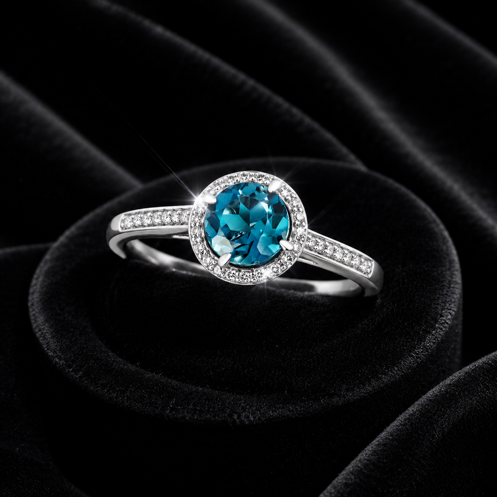 Round Halo Blue Topaz Diamond Ring 9ct White Gold 375 Hallmarked Sizes J - Q