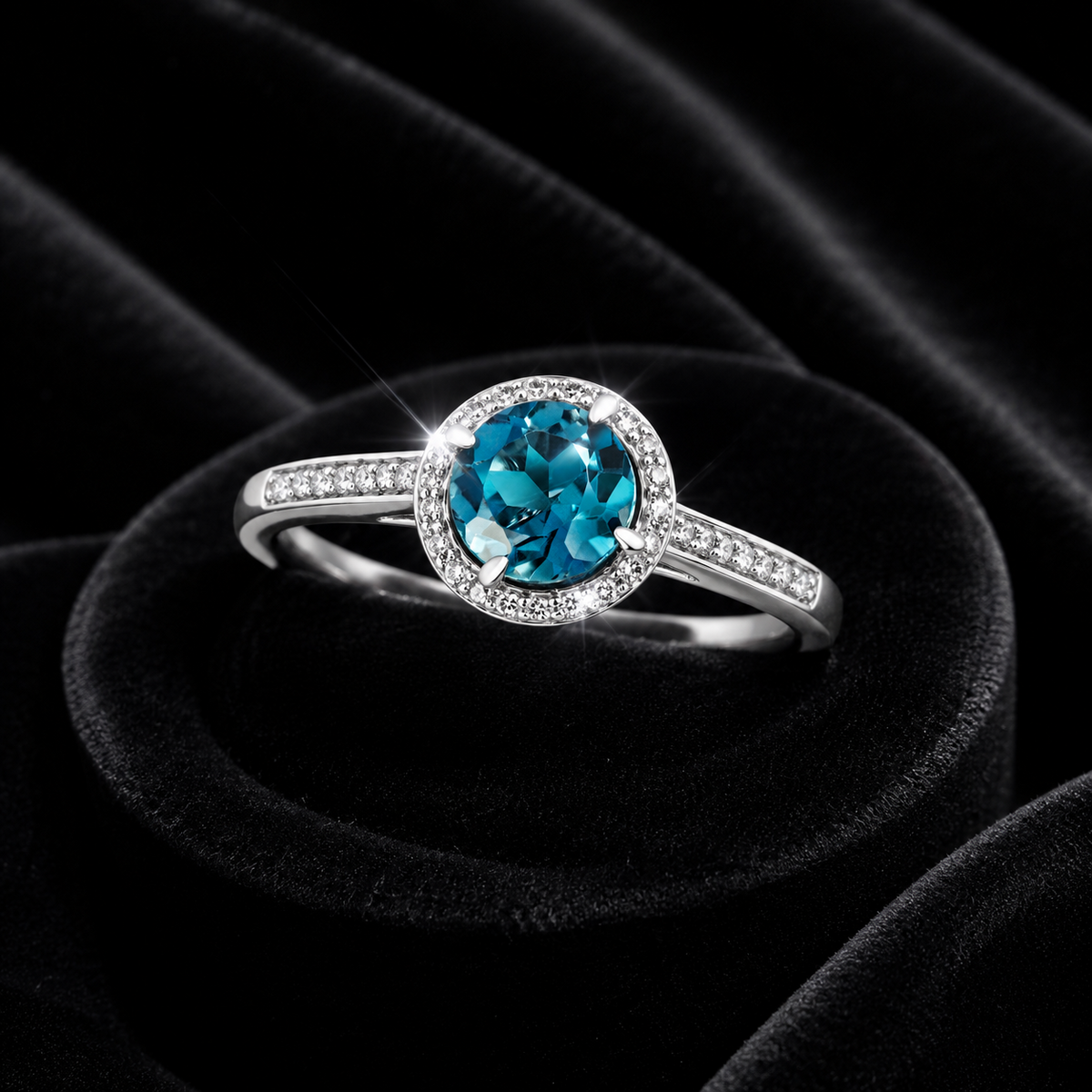 Round Halo Blue Topaz Diamond Ring 9ct White Gold 375 Hallmarked Sizes J - Q