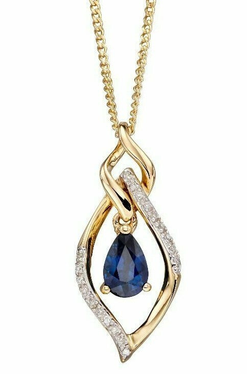 Diamond and Sapphire Pendant Pear 9ct Yellow Gold Hallmarked British Made