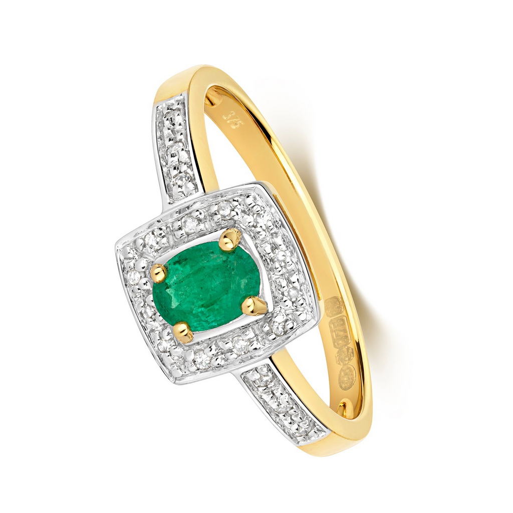 Oval Emerald Diamond Ring 9ct 2 Tone Gold 375 Hallmarked Sizes J - Q