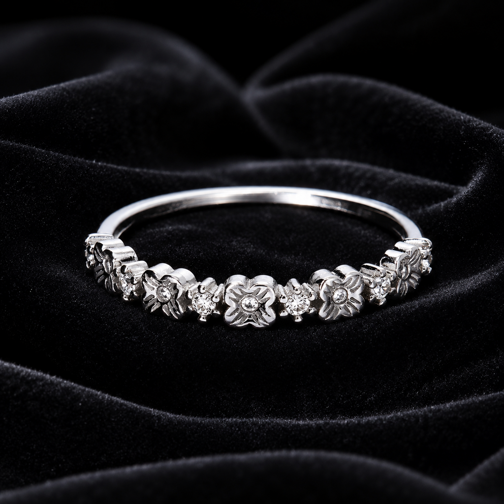 Flower & Star Eternity Ring Sterling Silver 925 Hallmark British Made Size L - R