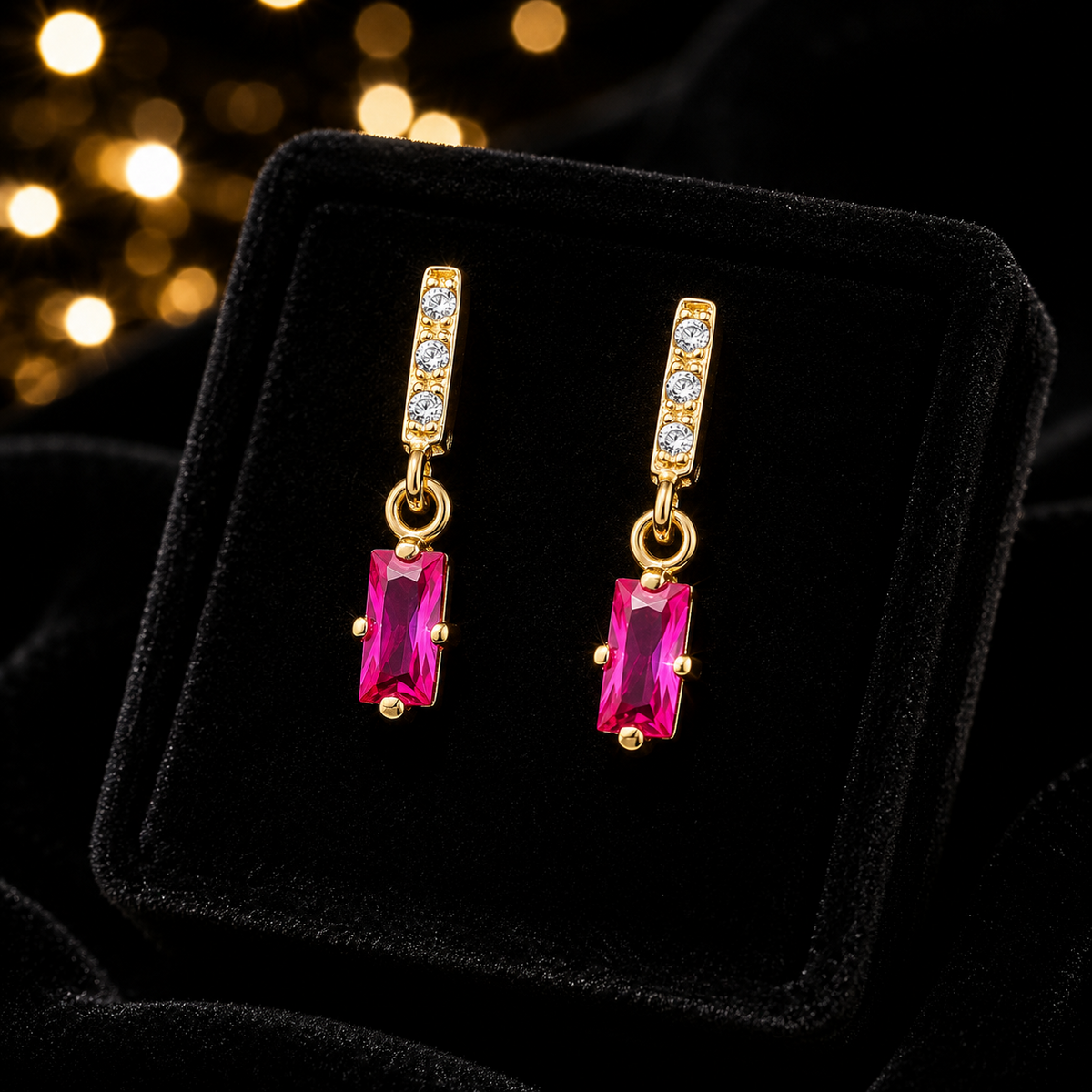 Baguette Natural Ruby Drop Earrings 9ct Yellow Gold 375 Hallmarked Brand New