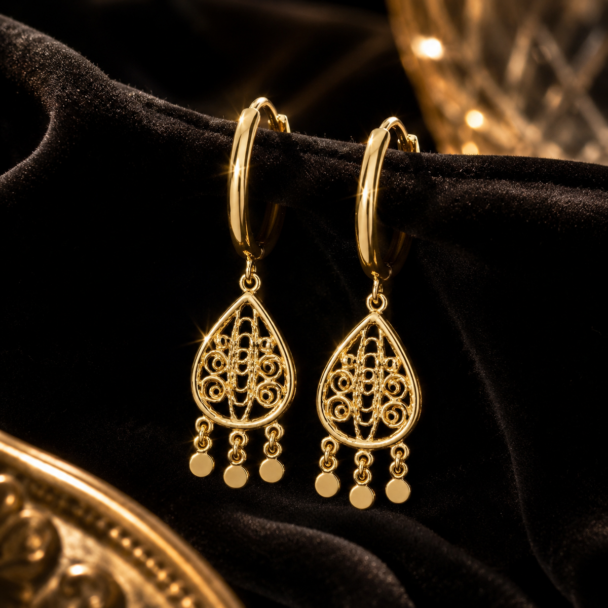 Organic Pear Charm Hoop Earrings 9ct Yellow Gold 375 Hallmarked Brand New Boxed