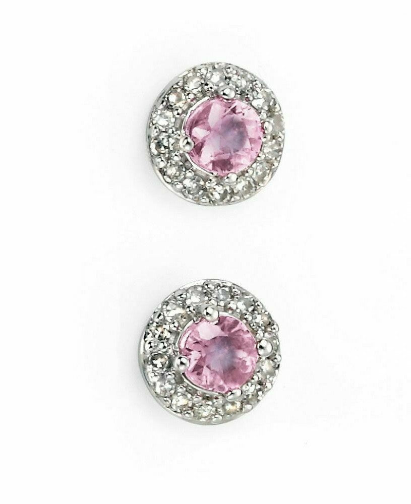 Pink Sapphire Earrings with Diamond Surround in 9ct White Gold British Made