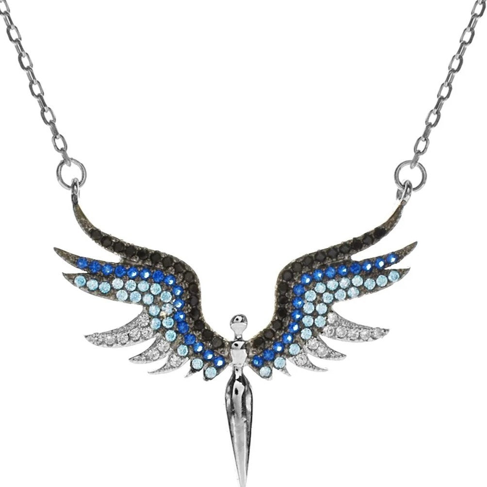 Statement Blue Angel Necklace Solid Sterling Silver 925 Hallmarked British Made