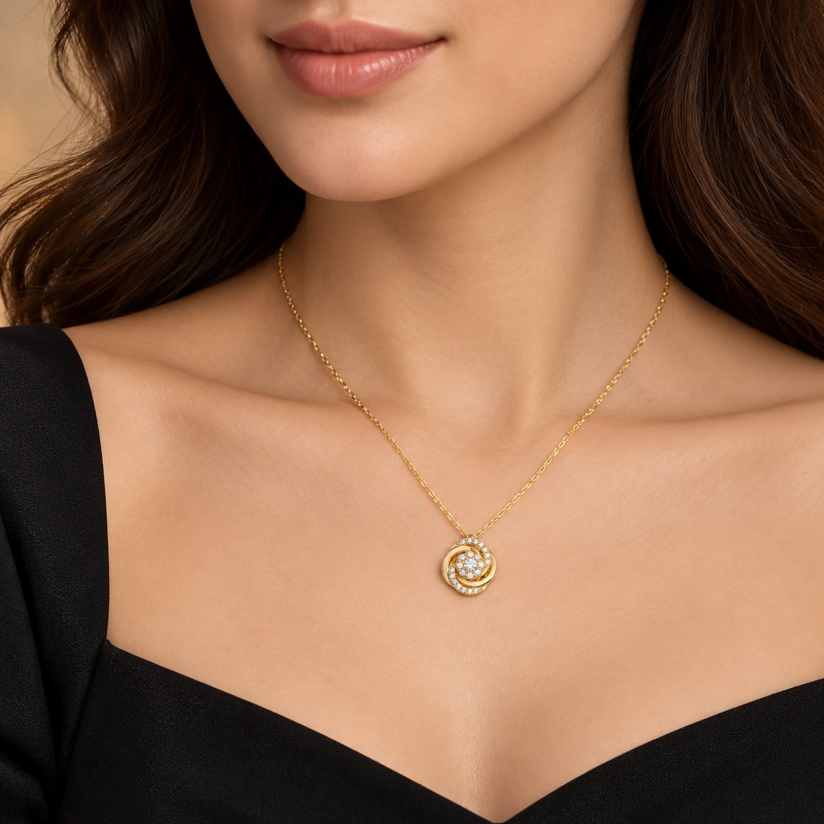 Ladies Halo Love Knot Necklace 9ct Yellow Gold 375 Hallmarked British Made