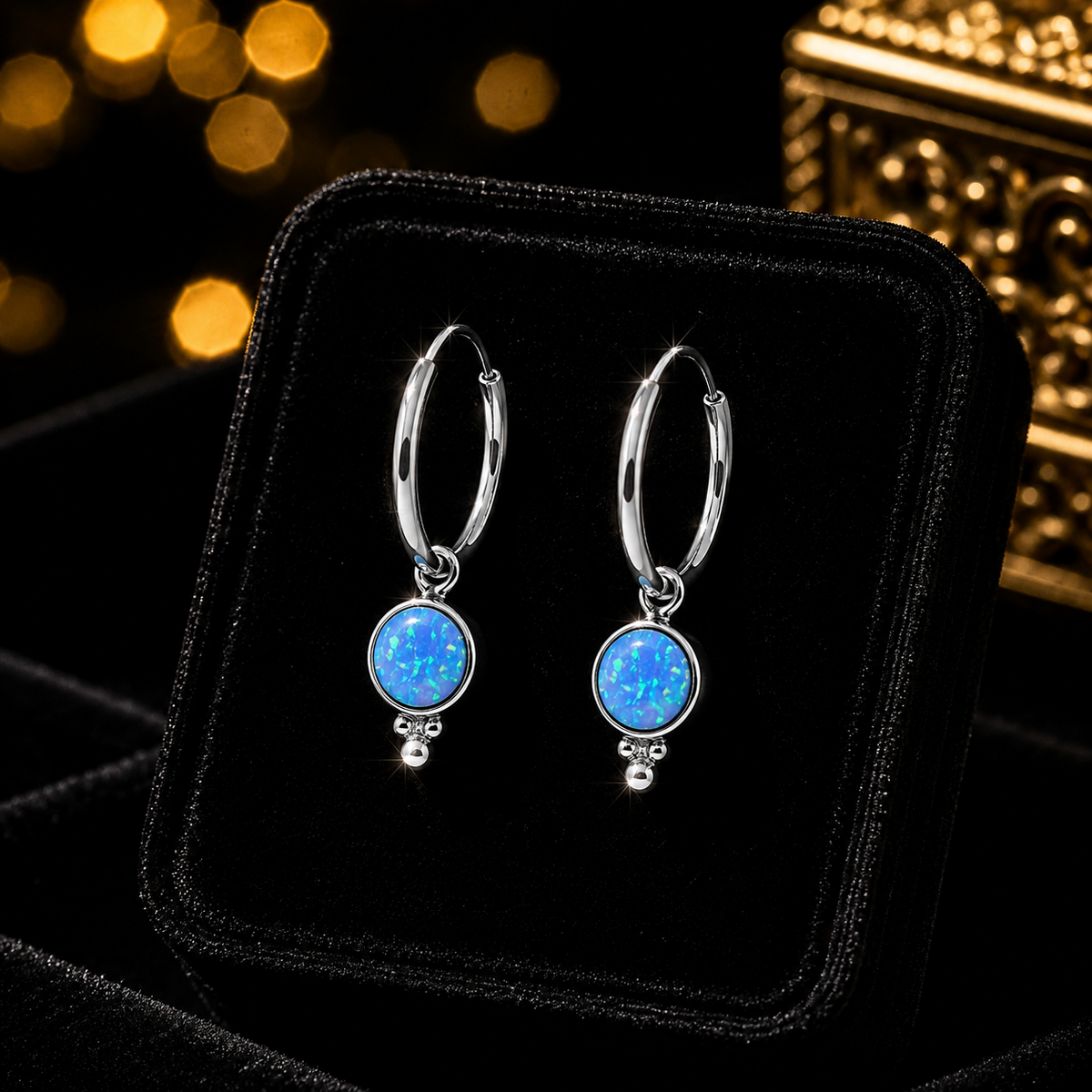 12mm Blue Opal Ball Hoop Earrings Sterling Silver 925 Hallmarked Brand New Boxed