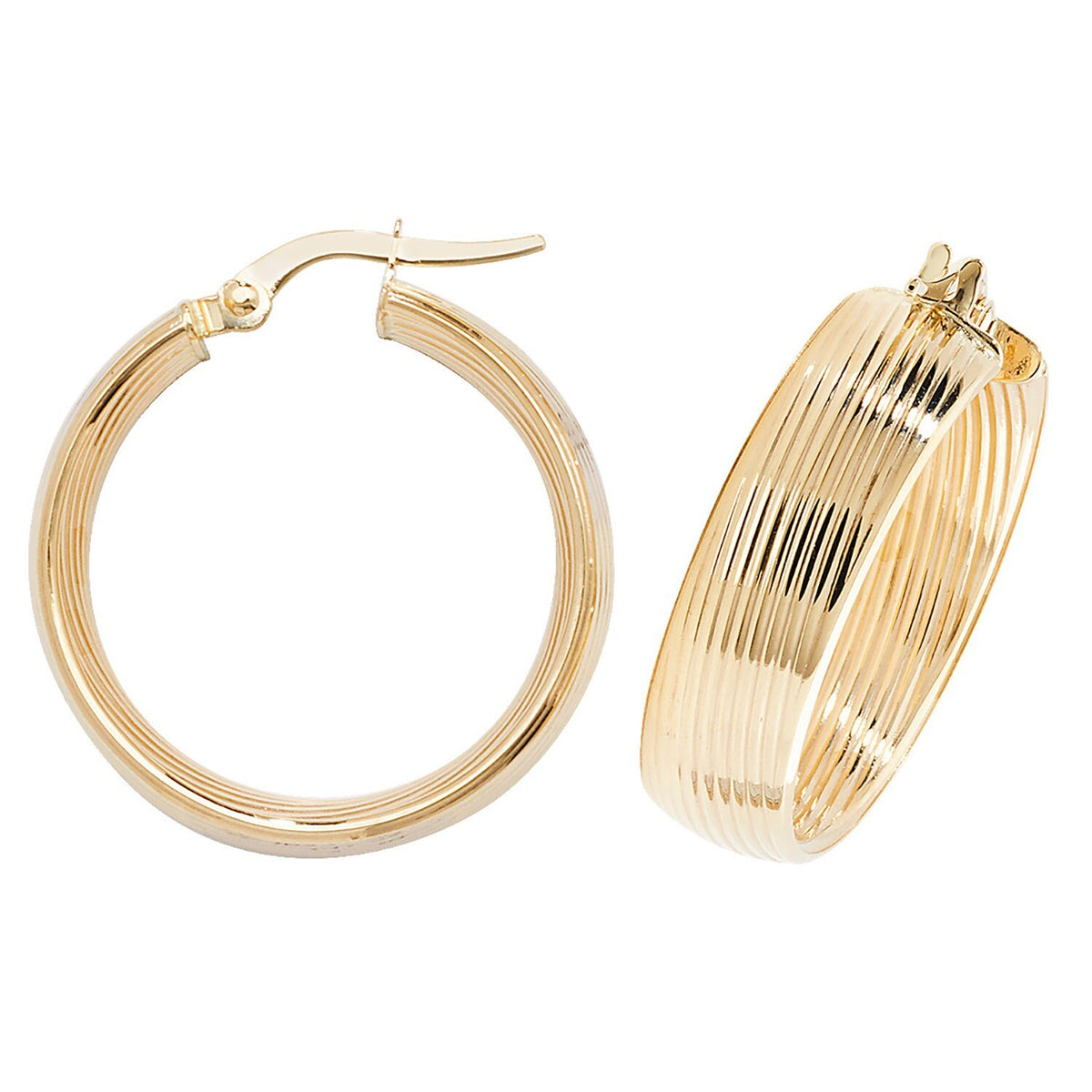 9ct Yellow Gold Ribbed Hoop Earrings 375 Hallmarked 10mm - 30mm Diameter