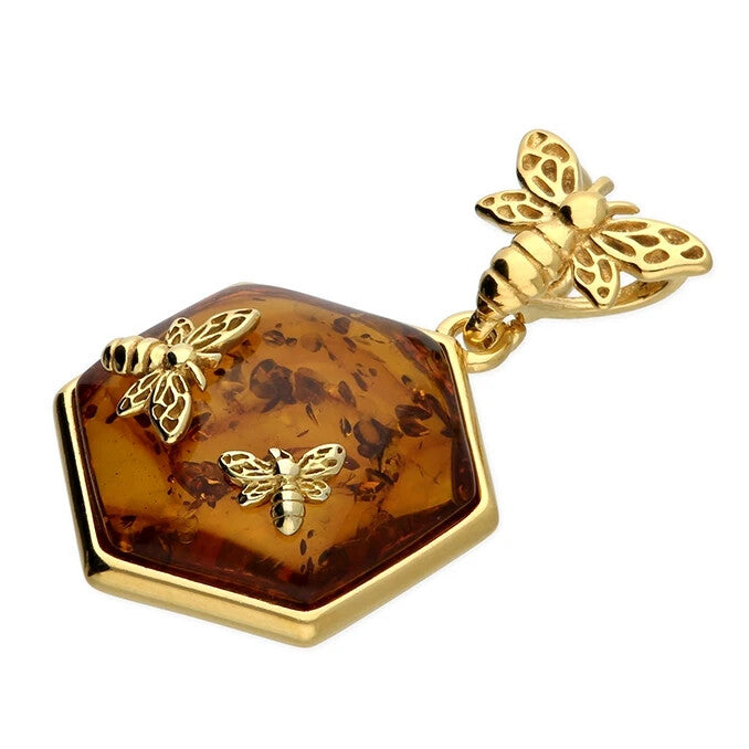 Bumble Bee Natural Amber Pendant Yellow Gold Plated Hallmarked All Chain Lengths