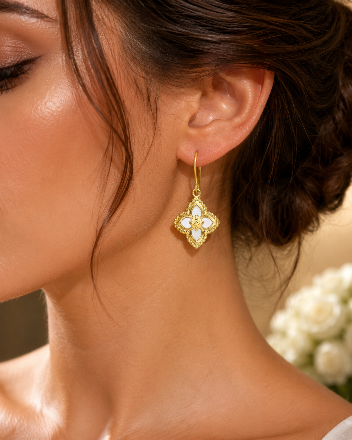 Mother Of Pearl Floral Drop Earrings 9ct Yellow Gold 375 Hallmarked British Made