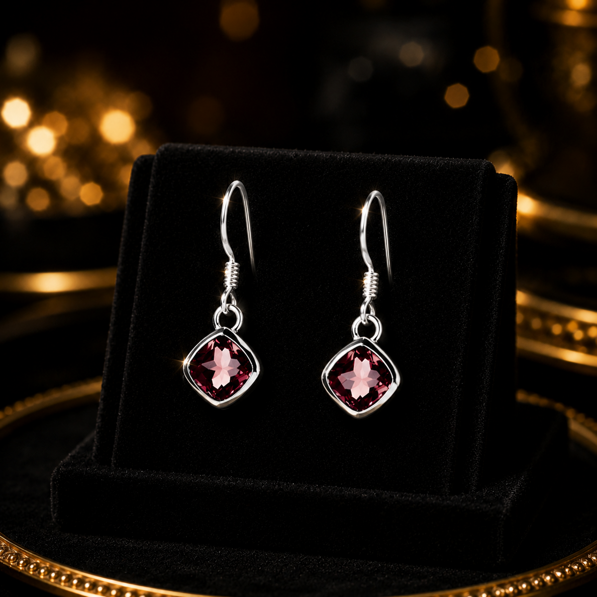 Cushion Natural Garnet Drop Earrings Sterling Silver 925 Hallmarked British Made