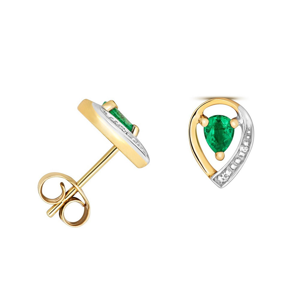 Emerald Teardrop Diamond Stud Earrings 9ct Multi Gold 375 Hallmark British Made