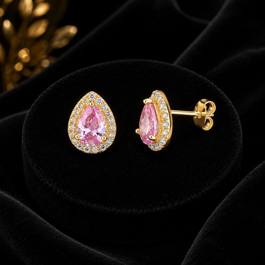 Pink Pear Gemstone Earrings 9ct Yellow Gold Plated Hallmarked British Made
