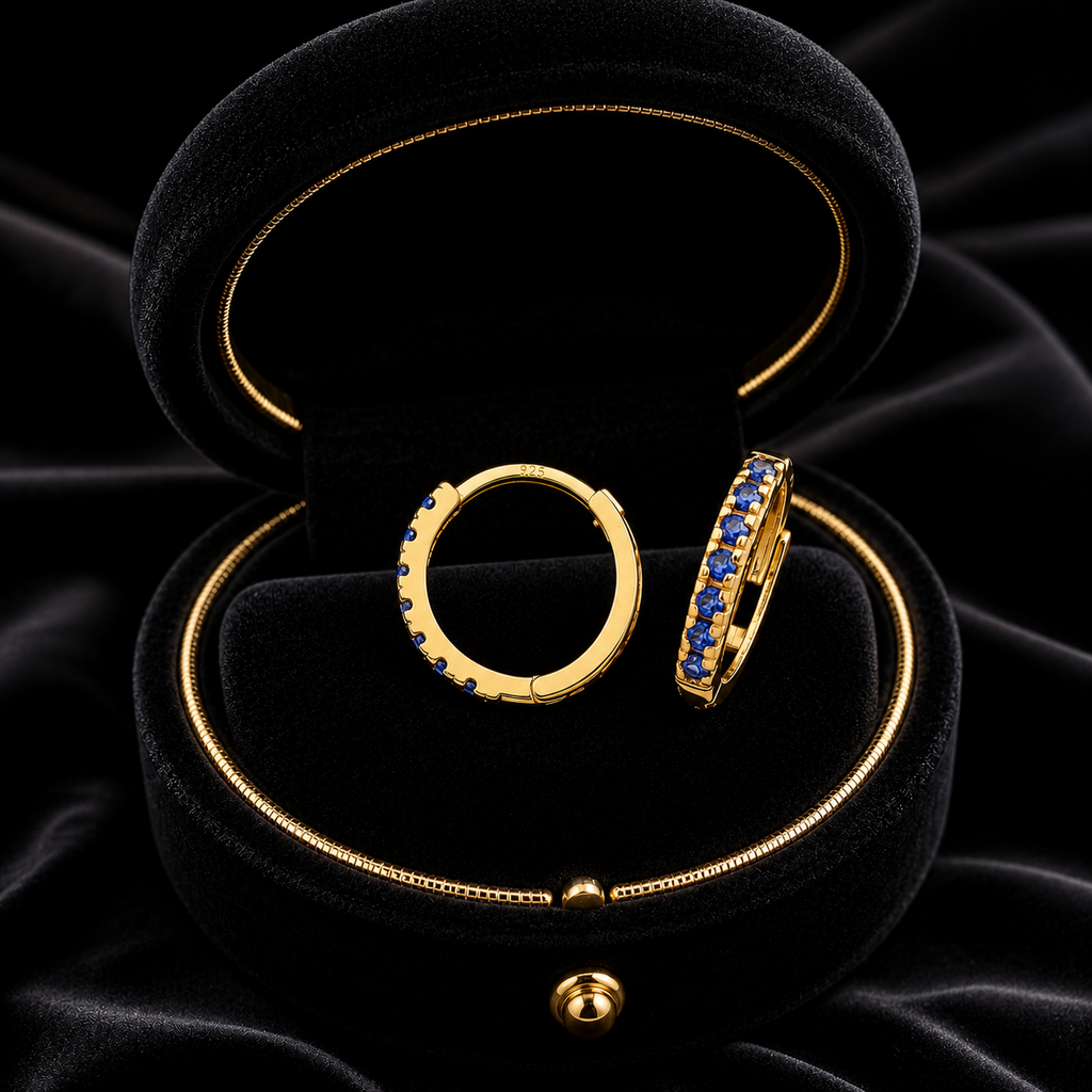 9ct Yellow Gold Sapphire Hoop Earrings British Made 375 Hallmark Brand New Boxed