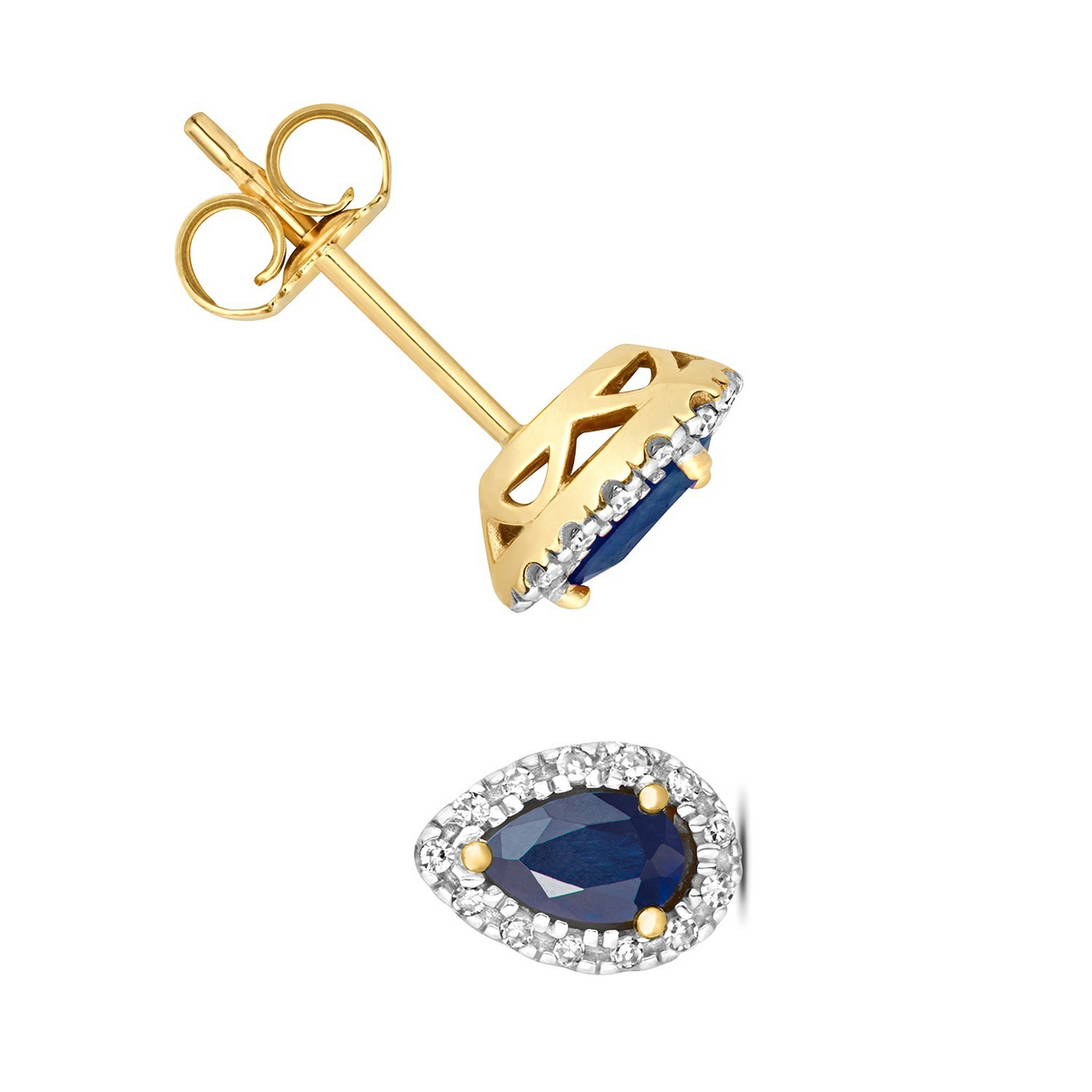 Sapphire Teardrop Diamond Stud Earrings 9ct Yellow Gold 375 Hallmarked
