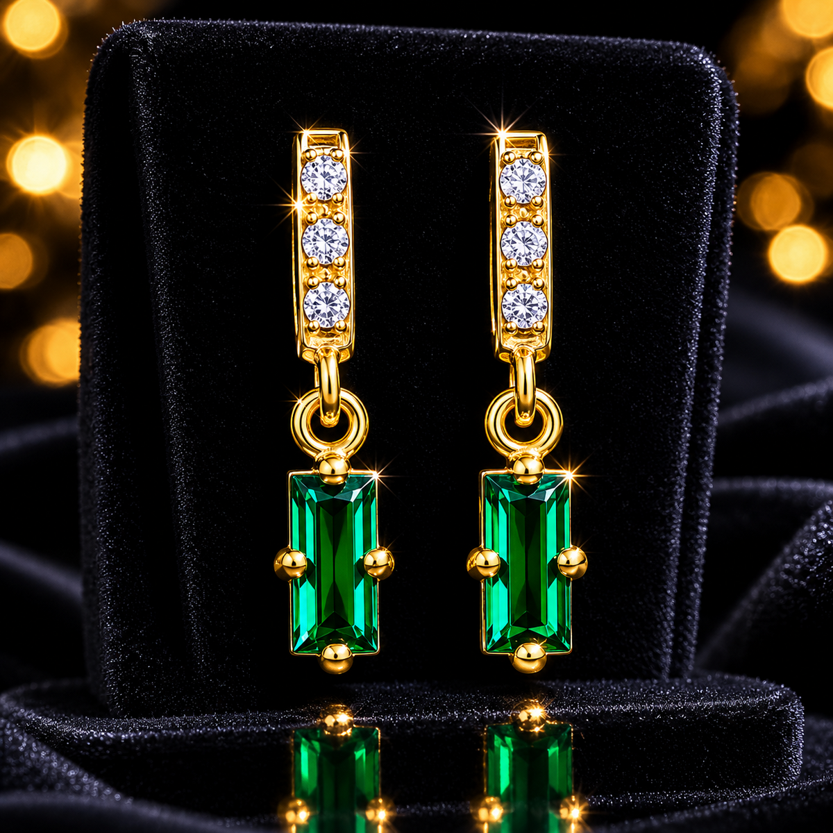 Baguette Natural Emerald Drop Earrings 9ct Yellow Gold 375 Hallmarked Brand New