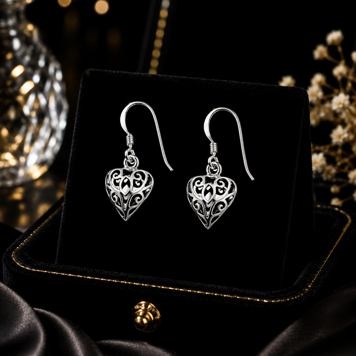 Filigree Heart Drop Earrings Solid Sterling Silver 925 Hallmark Brand New Boxed