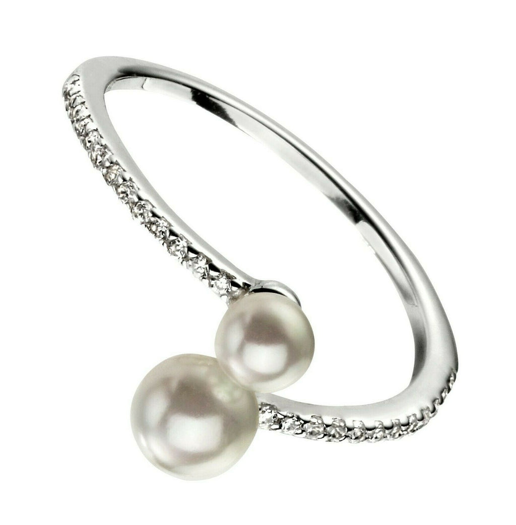 Sterling Silver Double Pearl Ring Pave Setting 925 Hallmarked Size K - S