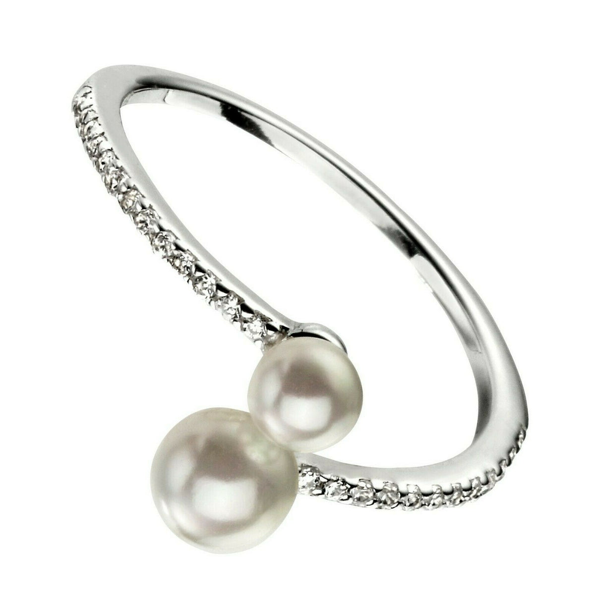Sterling Silver Double Pearl Ring Pave Setting 925 Hallmarked Size K - S