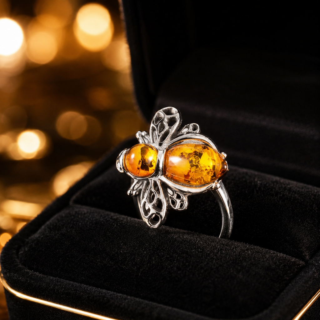 Cognac Amber Bumble Bee Ring Solid Sterling Silver 925 Hallmark (All Sizes)