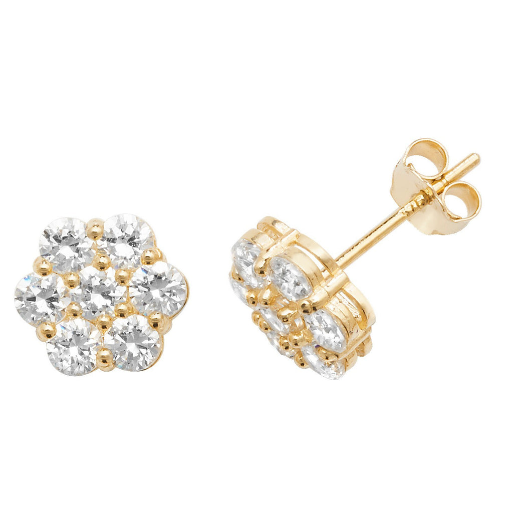 7 Stone Floral Stud Earrings 9ct Yellow Gold 375 Hallmarked Brand New Boxed