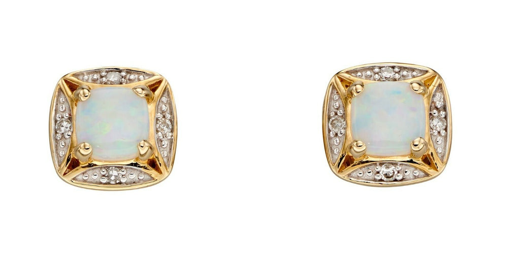 Opal and Diamond Stud Earrings 9k Yellow Gold Hallmark British Made