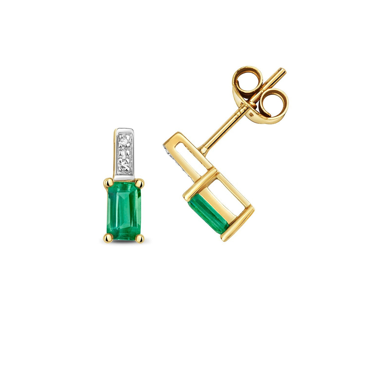 Emerald Baguette Diamond Stud Earrings 9ct Yellow Gold 375 Hallmark British Made