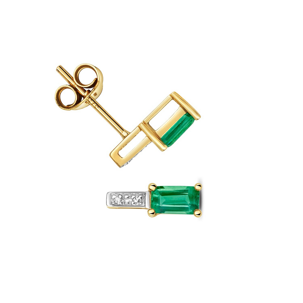 Emerald Baguette Diamond Stud Earrings 9ct Yellow Gold 375 Hallmark British Made