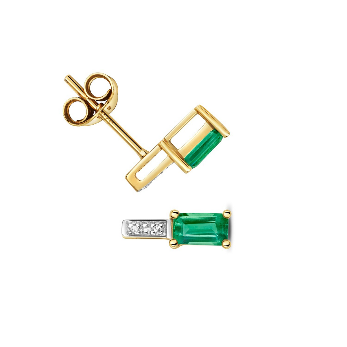 Emerald Baguette Diamond Stud Earrings 9ct Yellow Gold 375 Hallmark British Made