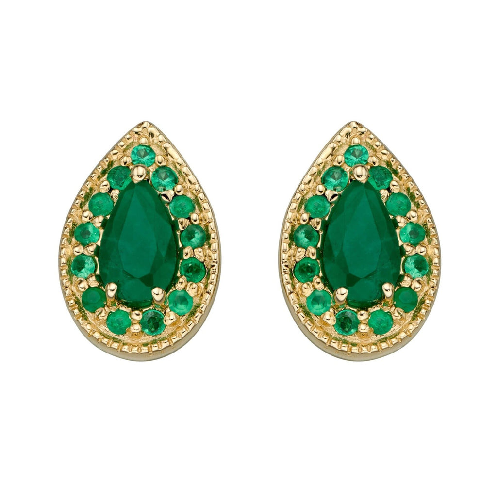 Emerald Teardrop Stud Earrings 9ct Yellow Gold 375 Hallmarked British Made