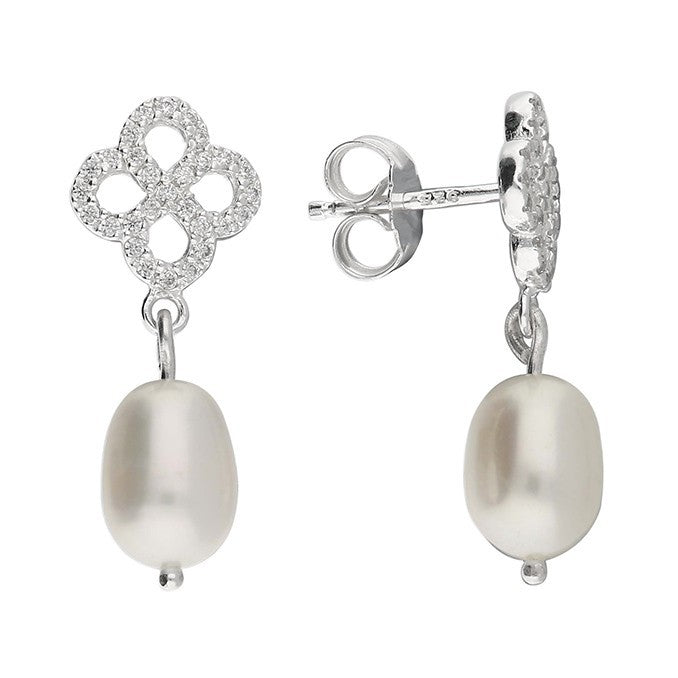 Quatrefoil Pearl Drop Earrings Sterling Silver 925 Hallmark Brand New Boxed