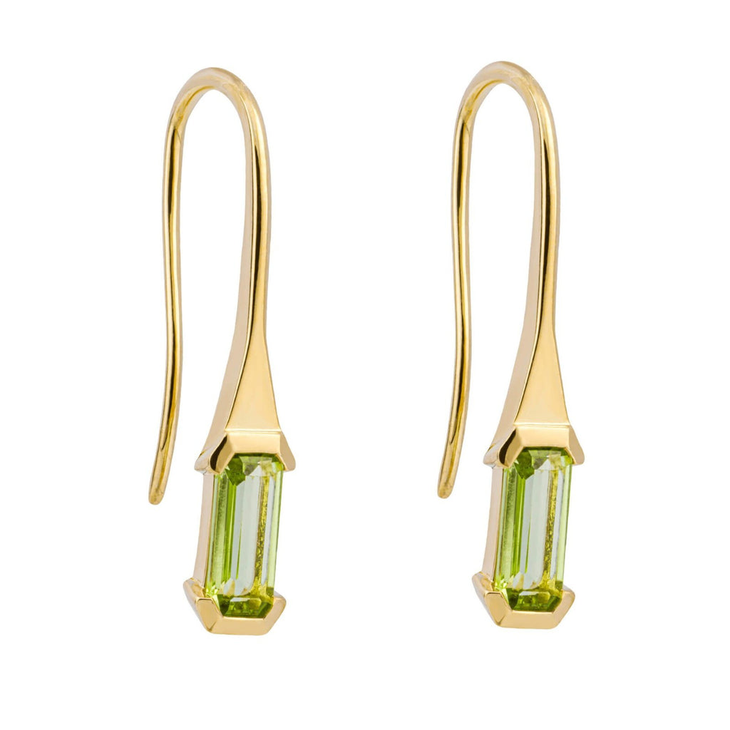 Elongated Baguette Peridot Drop Earrings Yellow Gold 375 Hallmarked British Made