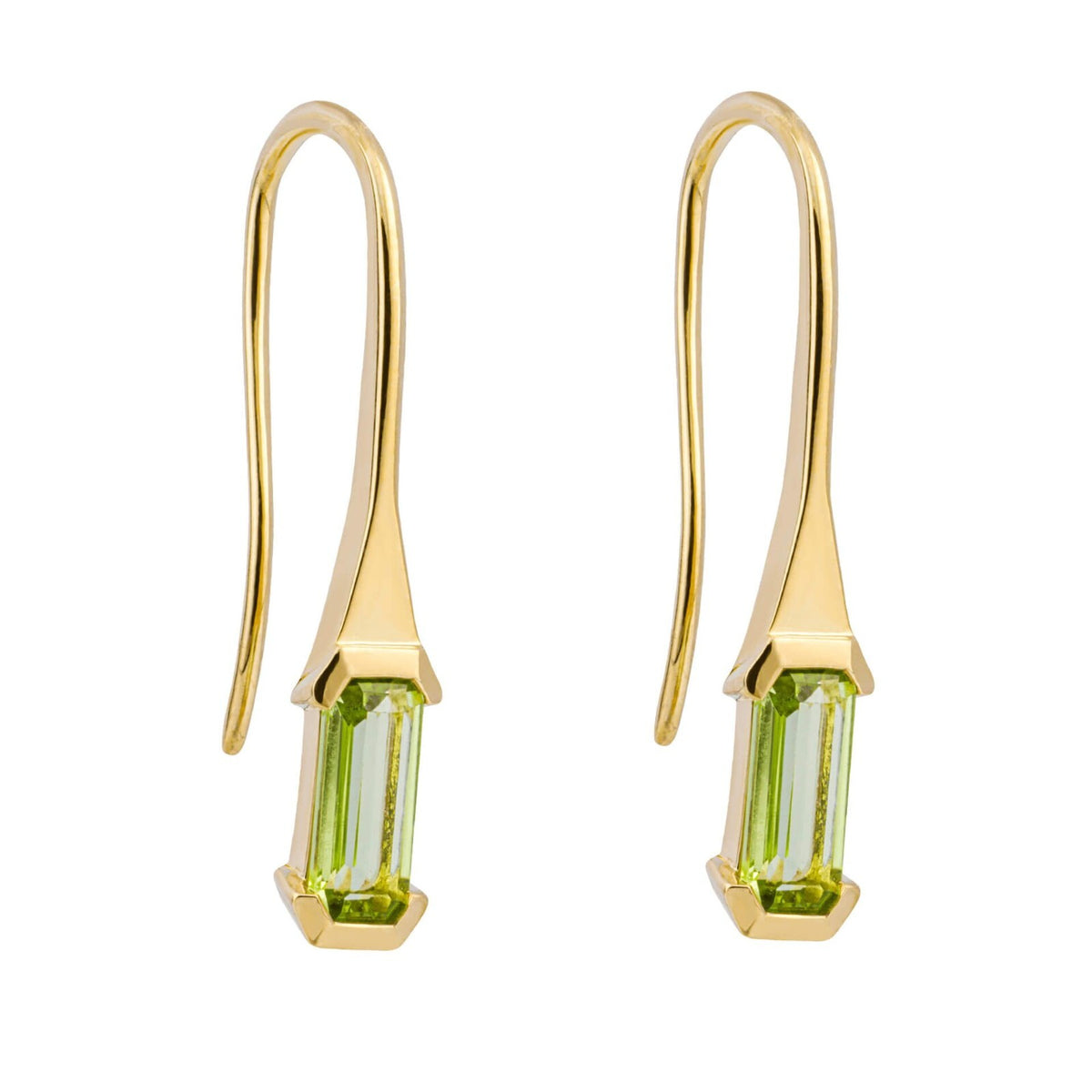 Elongated Baguette Peridot Drop Earrings Yellow Gold 375 Hallmarked British Made