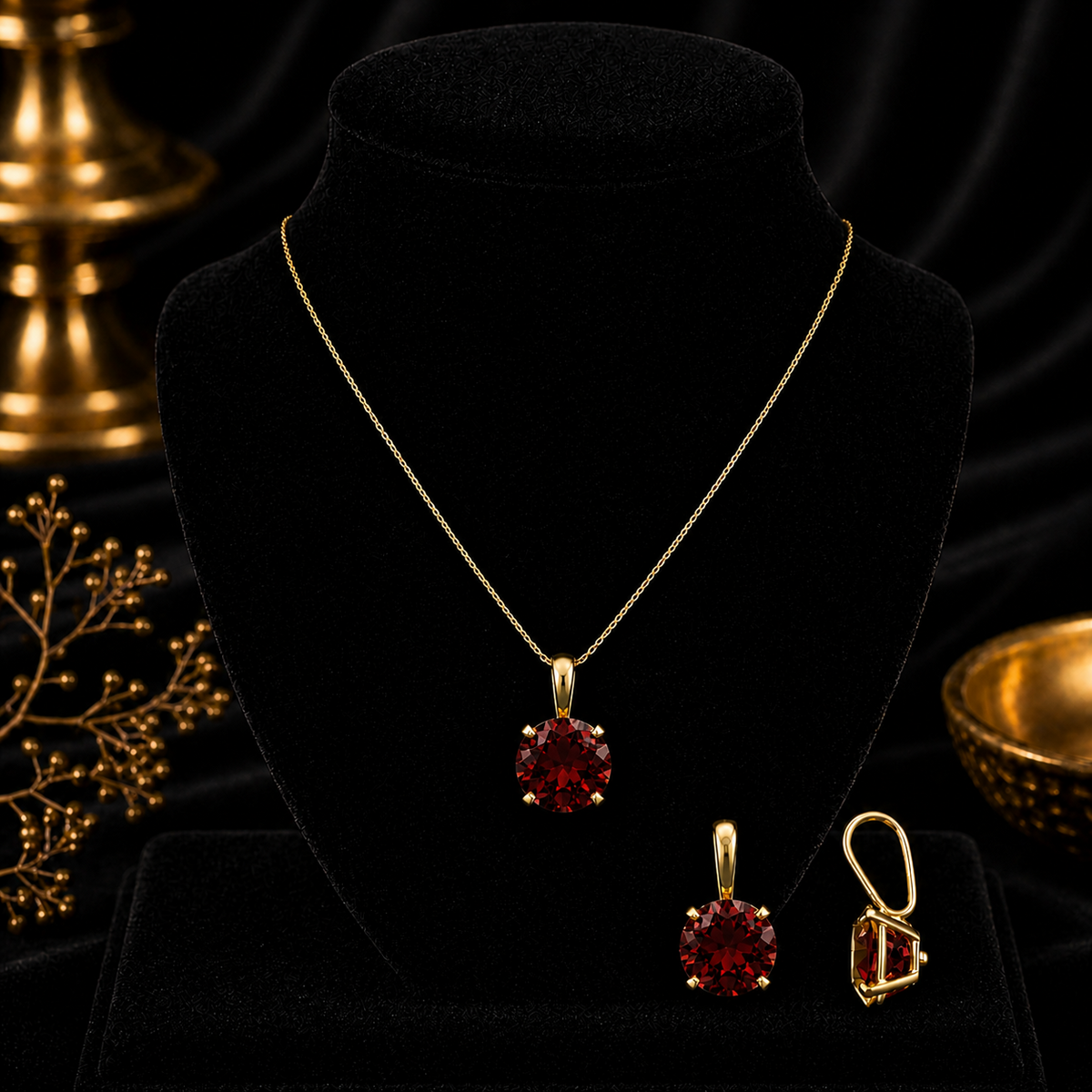 Yellow Gold Garnet Solitaire Pendant Hallmarked British Made All Chain Lengths