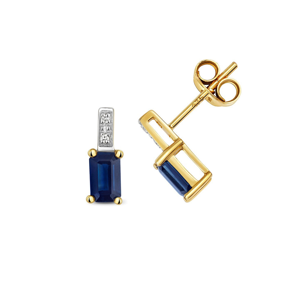 Natural Sapphire Baguette Diamond Stud Earrings 9ct Yellow Gold 375 Hallmarked