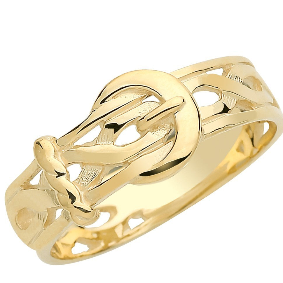 9ct Yellow Gold Gents Engraved Buckle Ring 375 Hallmarked Size P - W