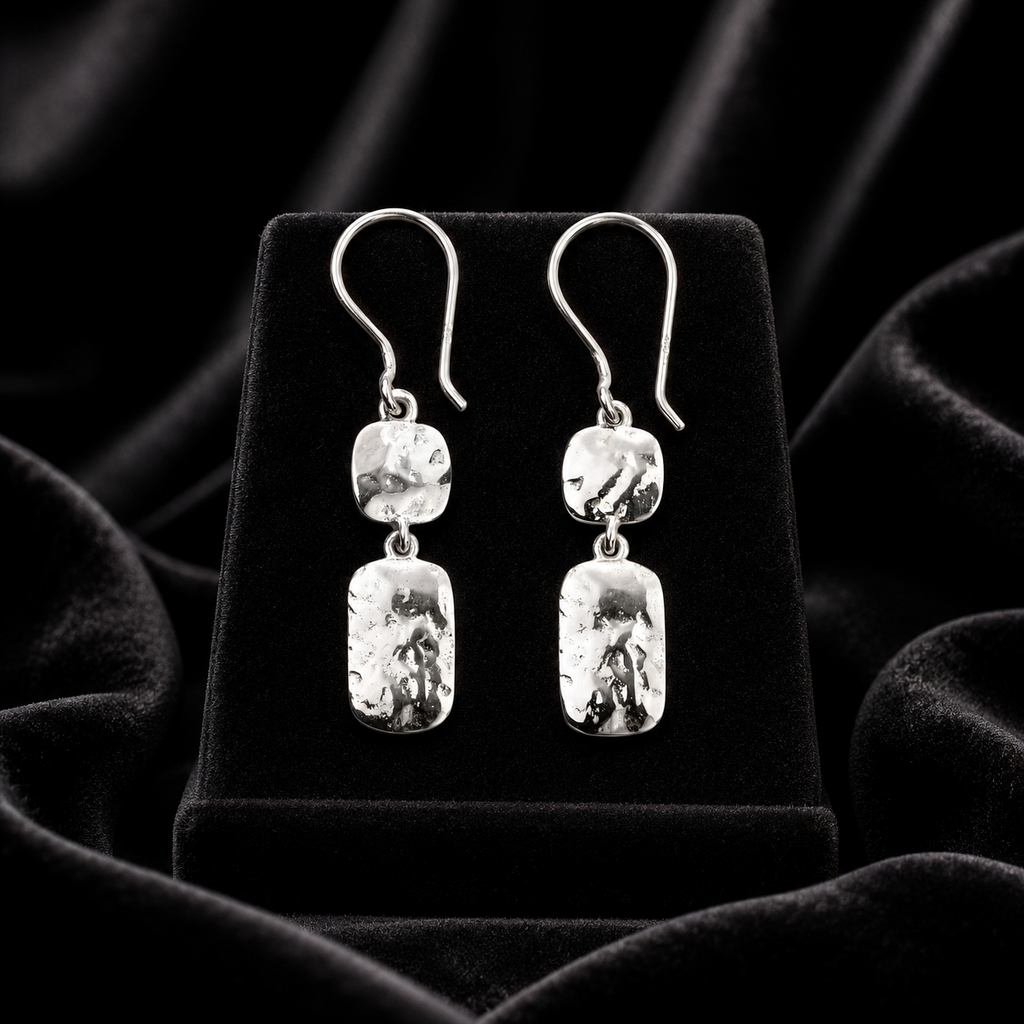 Hammered Double Drop Earrings Sterling Silver 925 Hallmarked British Made