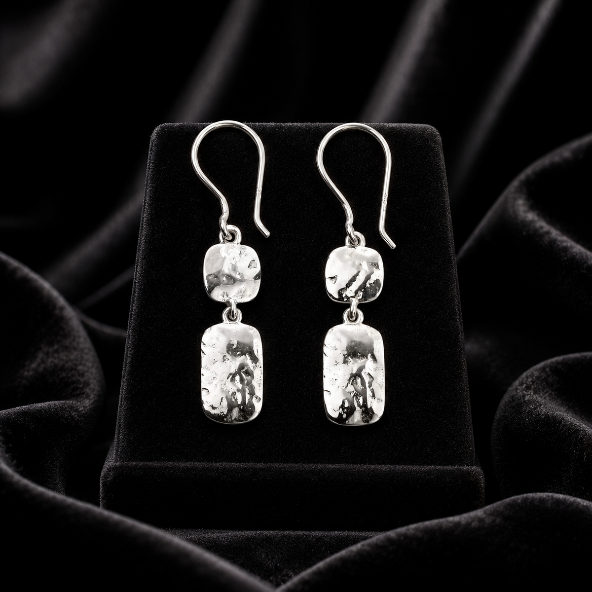 Hammered Double Drop Earrings Sterling Silver 925 Hallmarked British Made