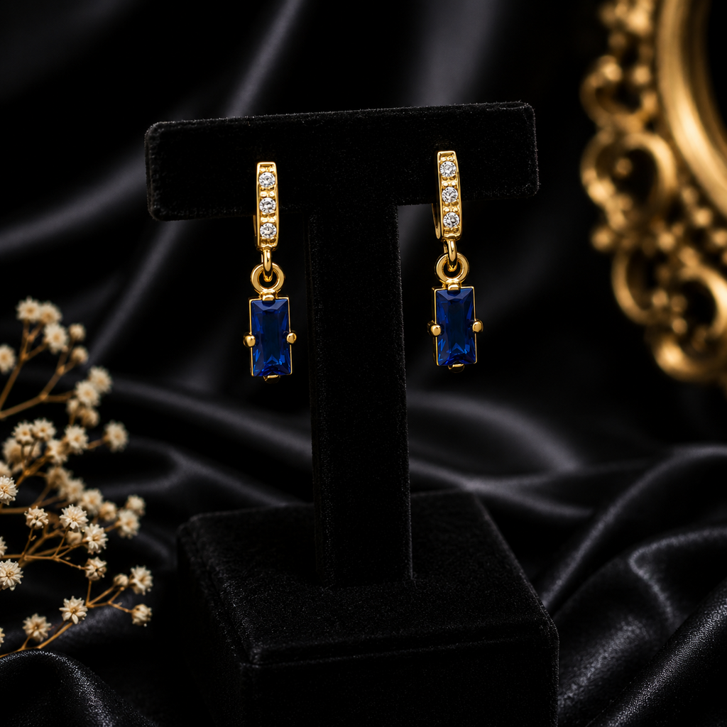 Baguette Natural Sapphire Drop Earrings 9ct Yellow Gold 375 Hallmarked Brand New