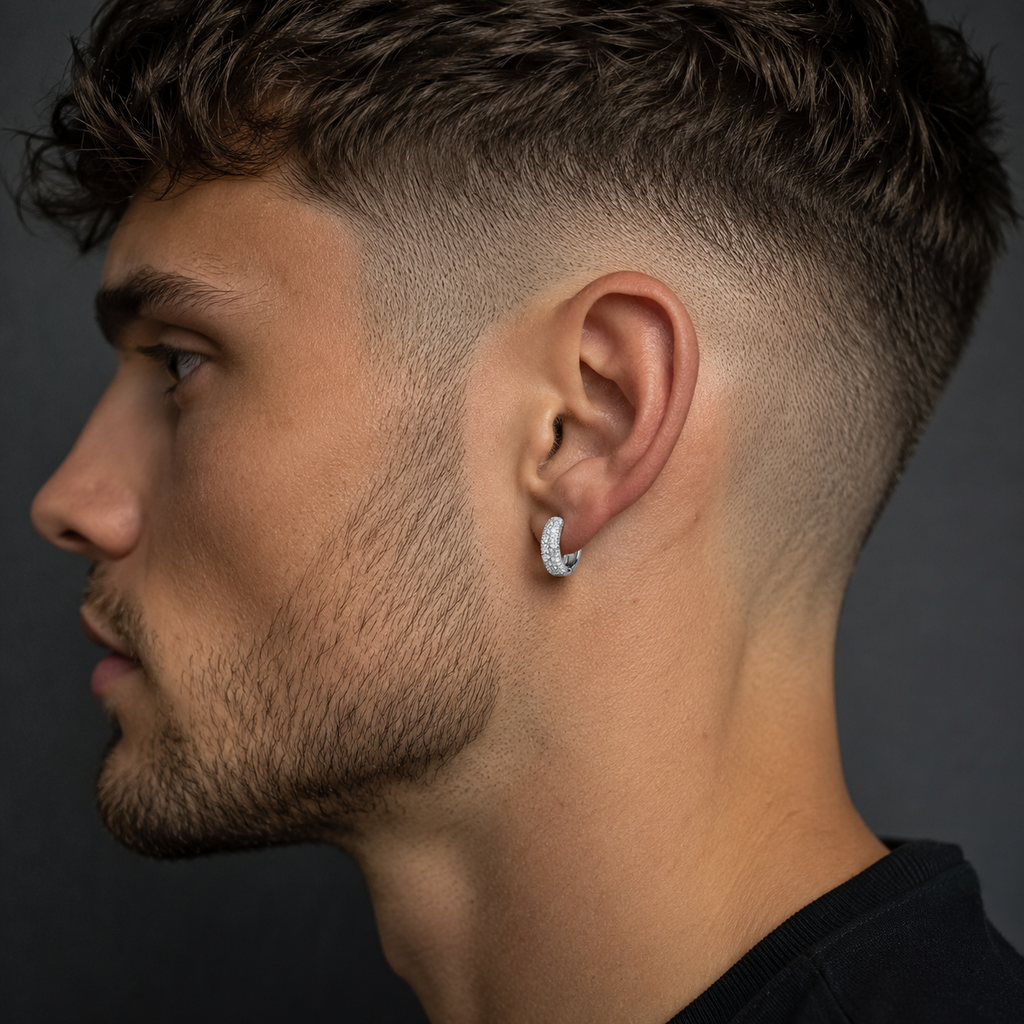 Mens Huggie Hoop Earring Cubic Zirconia Solid Sterling Silver Gents 