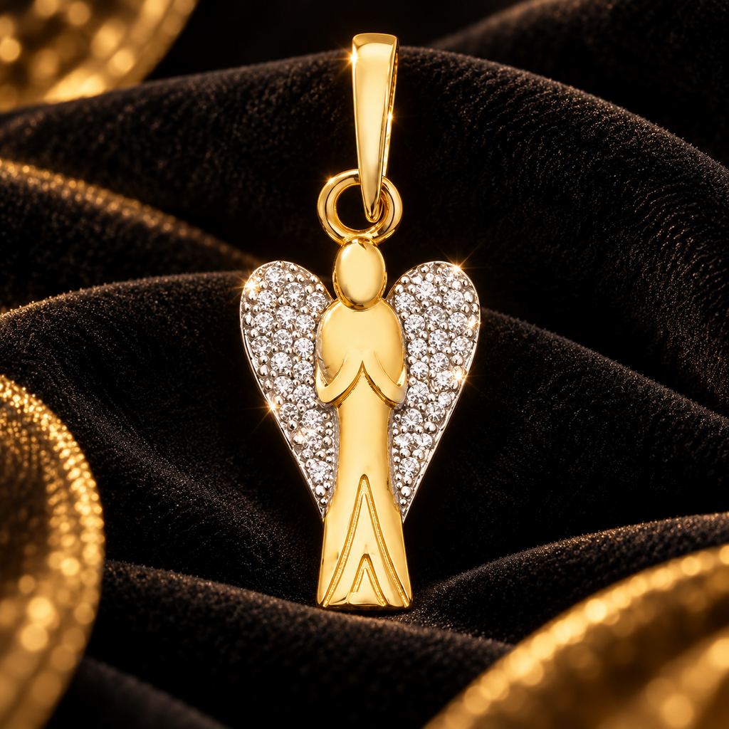 Pave Guardian Angel 9ct 2 Tone Gold Pendant 375 Hallmarked All Chain Lengths